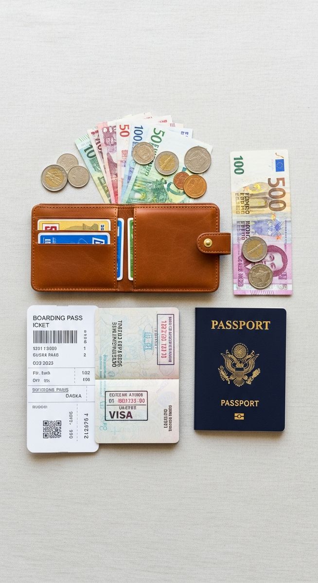 a travel wallet, passport and boarding pass flatlay