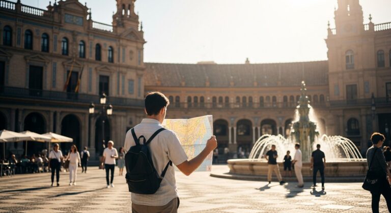 a traveller looking at a map in a sunny Spanish plaza in Valencia