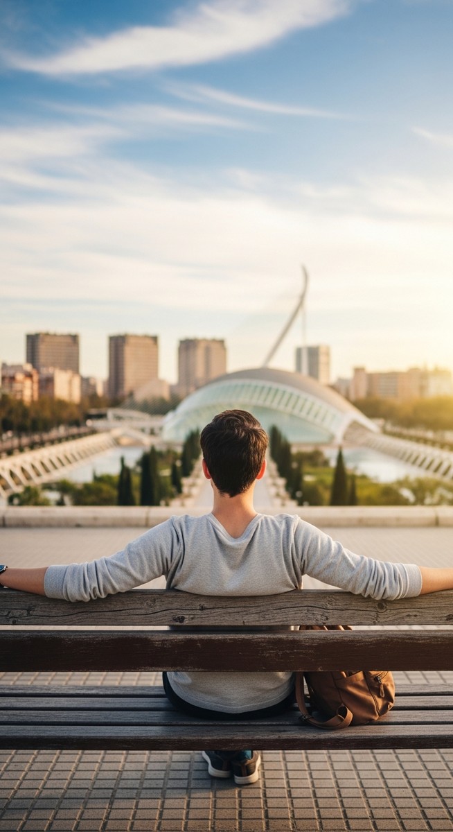 a traveller sitting on a bench in Valencia