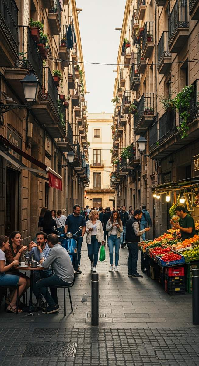 a lively Barcelona street scene showing everyday life