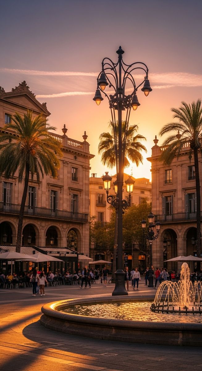a Barcelona plaza at golden hour
