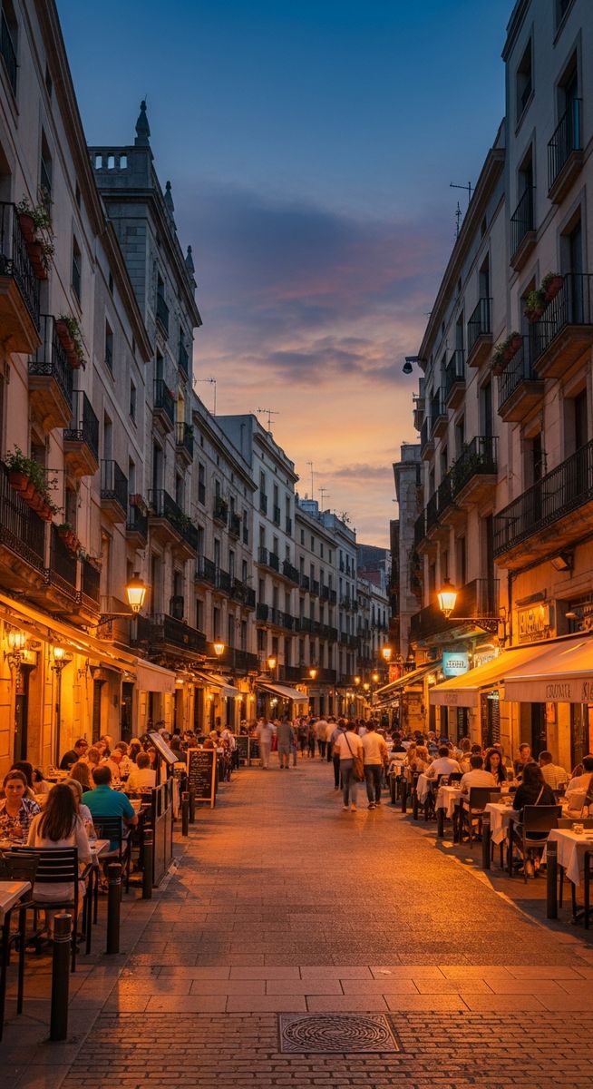 a winding Barcelona street at dusk