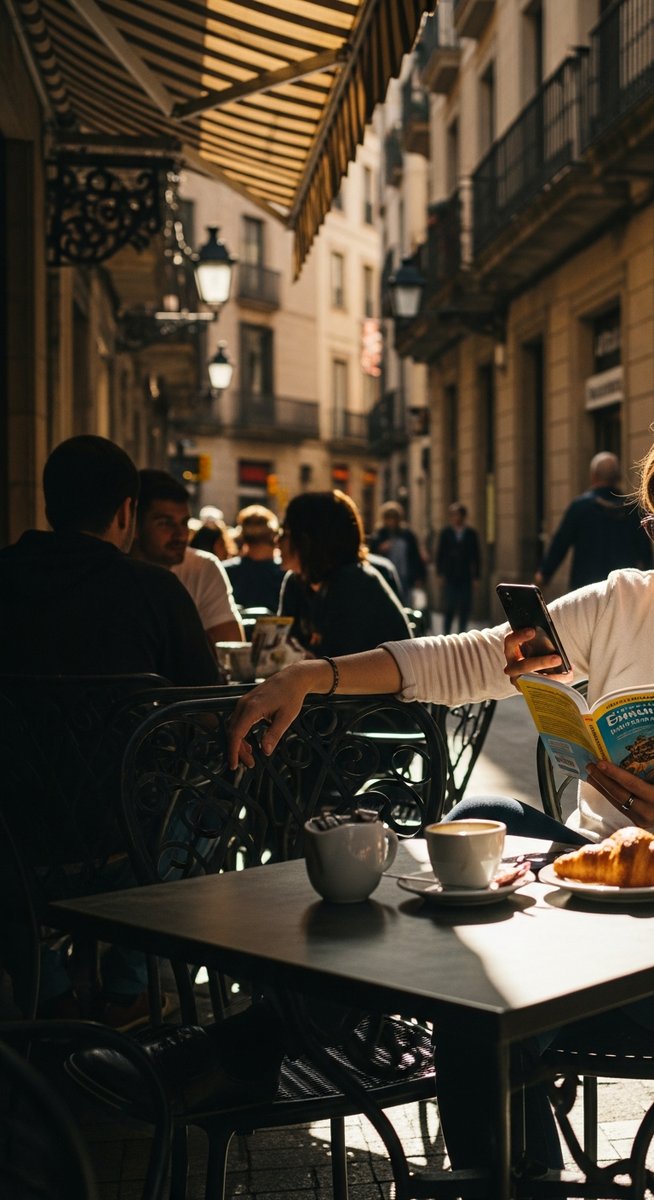 a person at an outdoor cafe in Barcelona with a guidebook