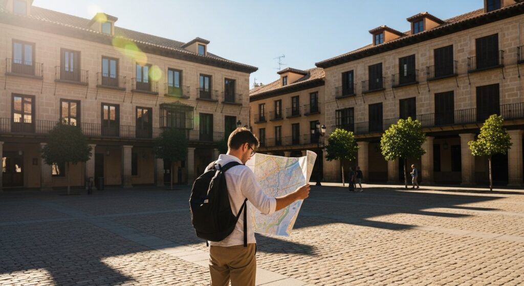 a traveller looking at a map in a sunny Spanish plaza illustrating the cost of visiting