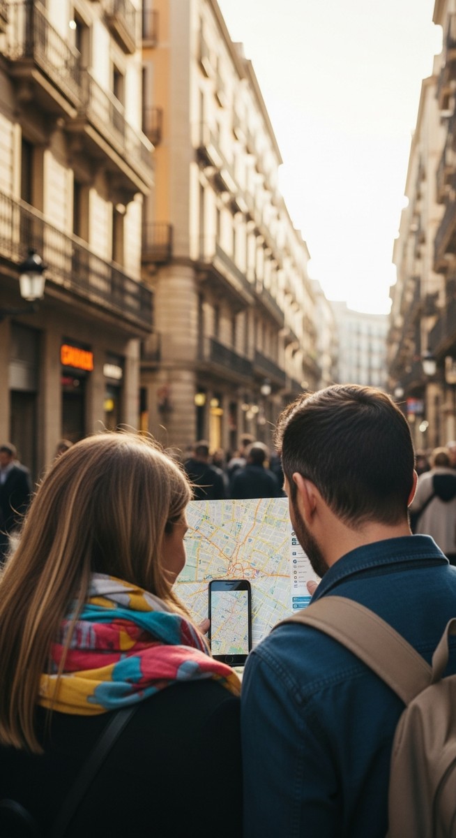 a couple looking at a map together in Barcelona