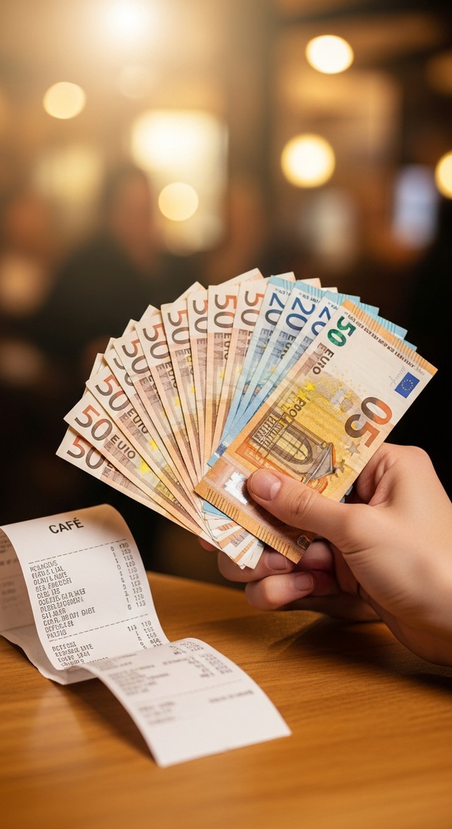 hands holding euro notes next to a cafe receipt illustrating the cost of visiting