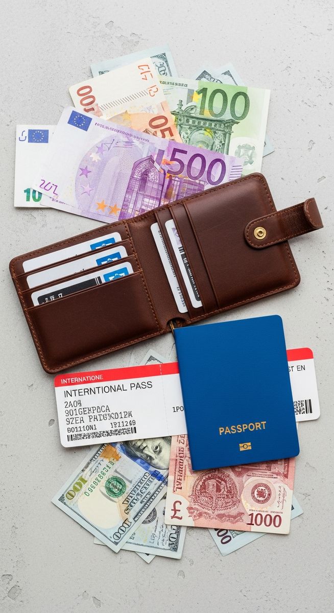 a travel wallet, passport and boarding pass flatlay