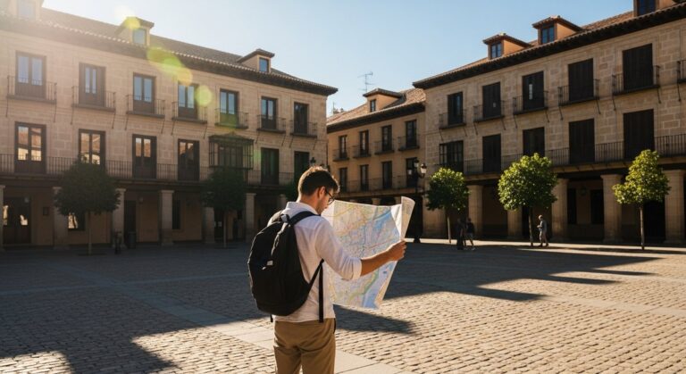 a traveller looking at a map in a sunny Spanish plaza illustrating the cost of visiting
