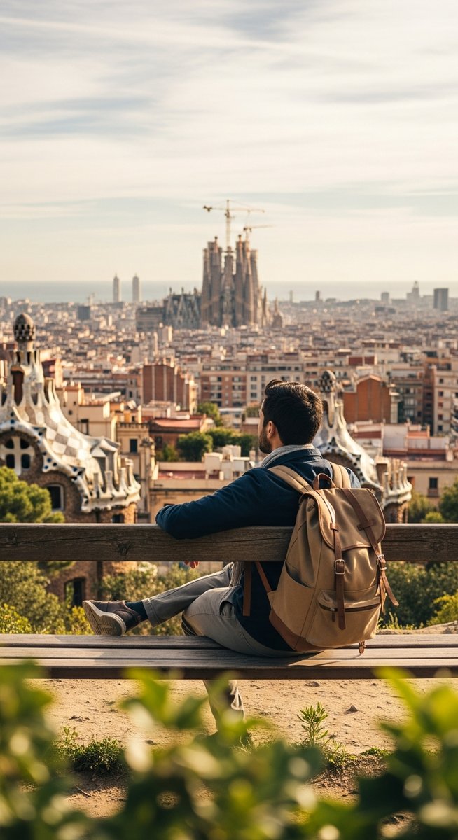 a traveller sitting on a bench in Barcelona illustrating the cost of visiting