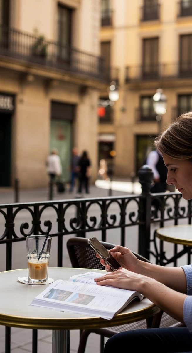 a person at an outdoor cafe in Barcelona with a guidebook