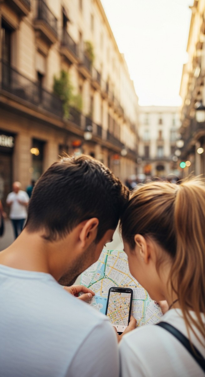 a couple looking at a map together in Barcelona