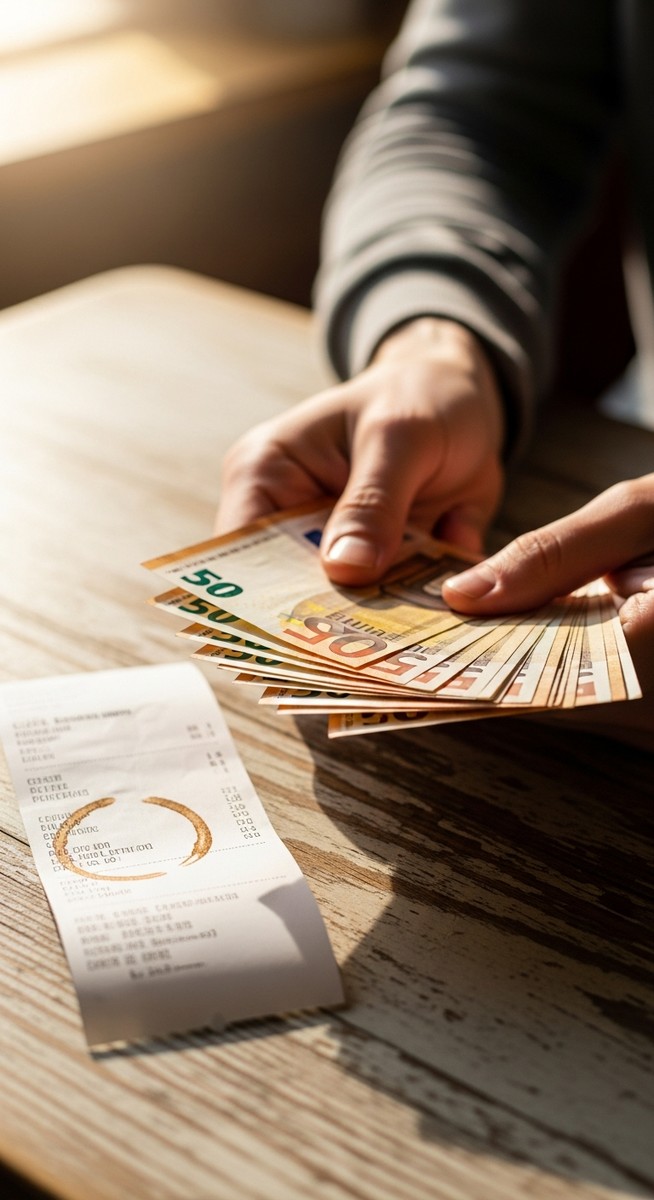 hands holding euro notes next to a cafe receipt in Barcelona