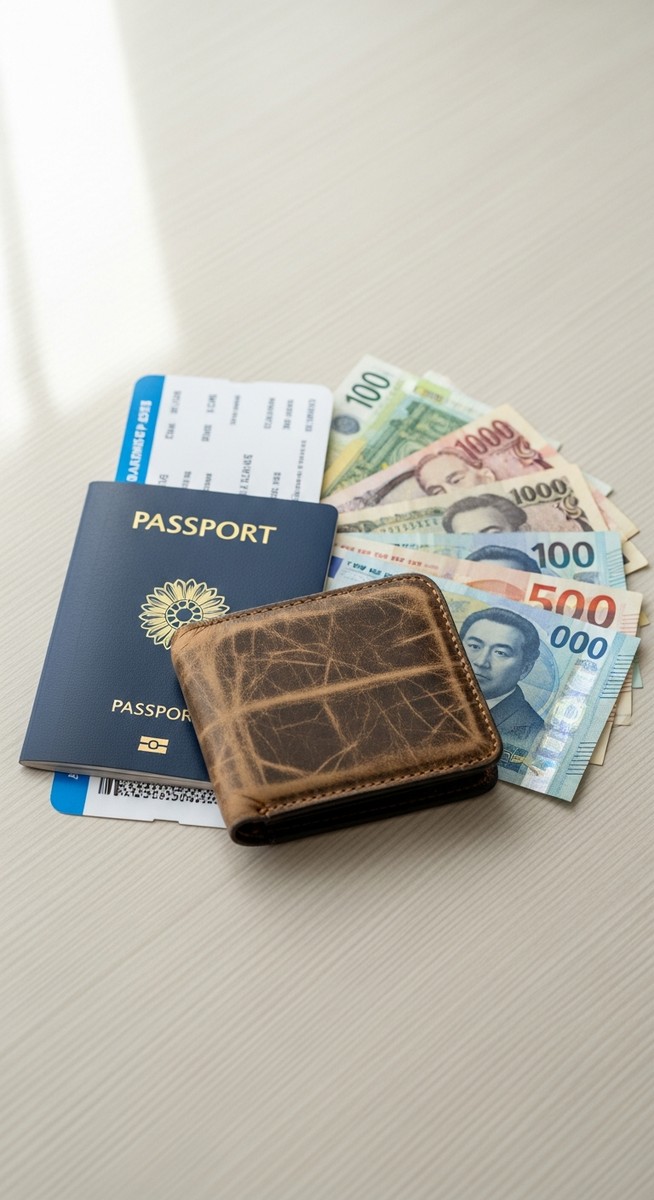 a travel wallet, passport and boarding pass flatlay