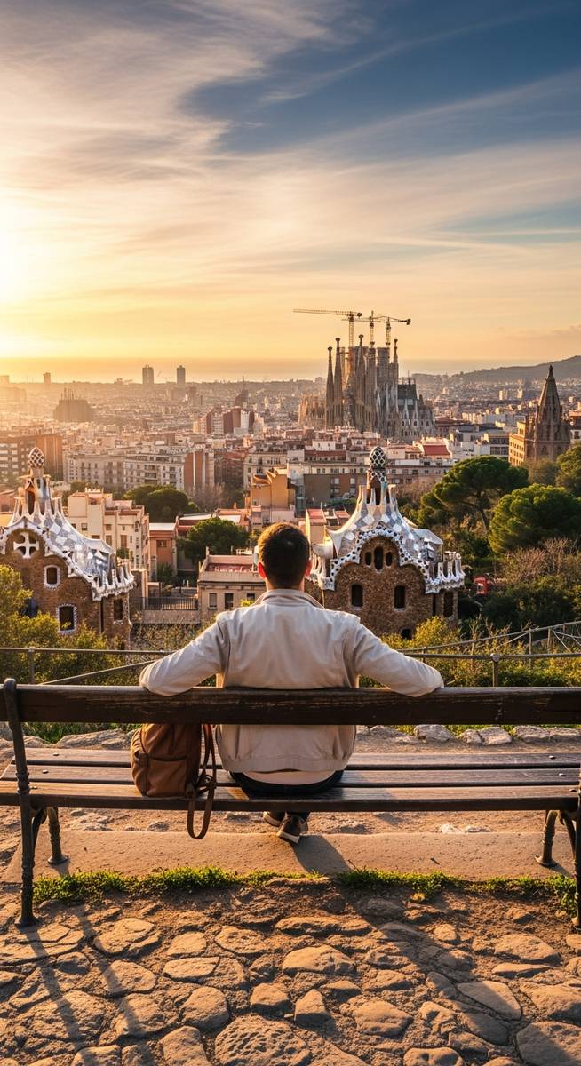 a traveller sitting on a bench in Barcelona