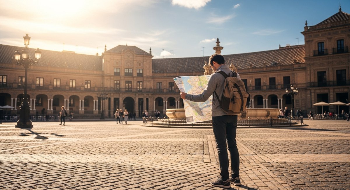 a traveller looking at a map in a sunny Spanish plaza in Barcelona