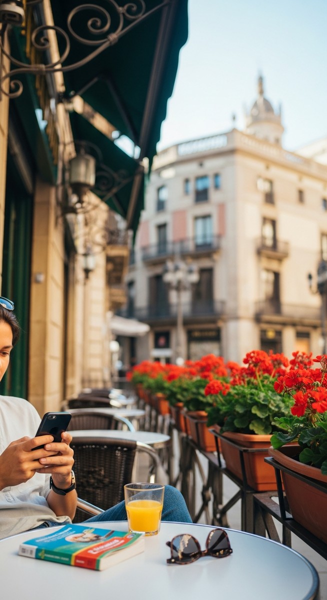 a person at an outdoor cafe in Barcelona with a guidebook