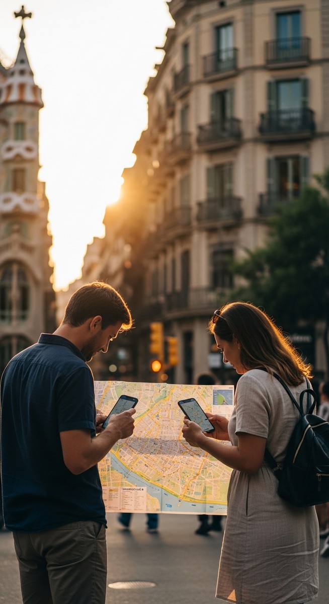 a couple looking at a map together in Barcelona
