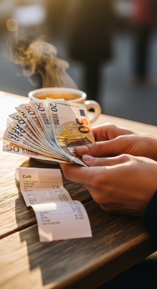 hands holding euro notes next to a cafe receipt in Barcelona