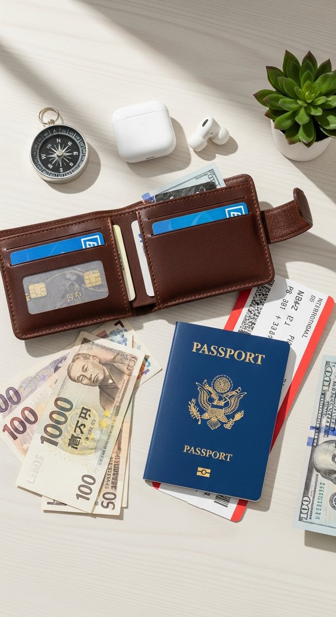 a travel wallet, passport and boarding pass flatlay