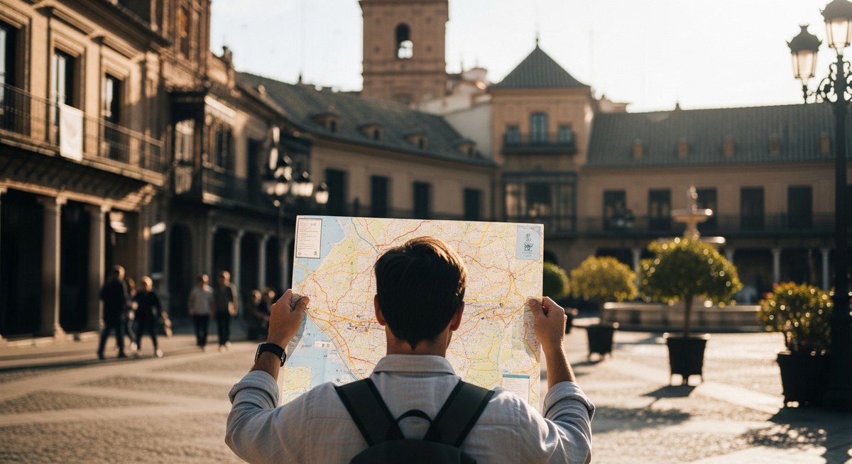 a traveller looking at a map in a sunny Spanish plaza in Barcelona