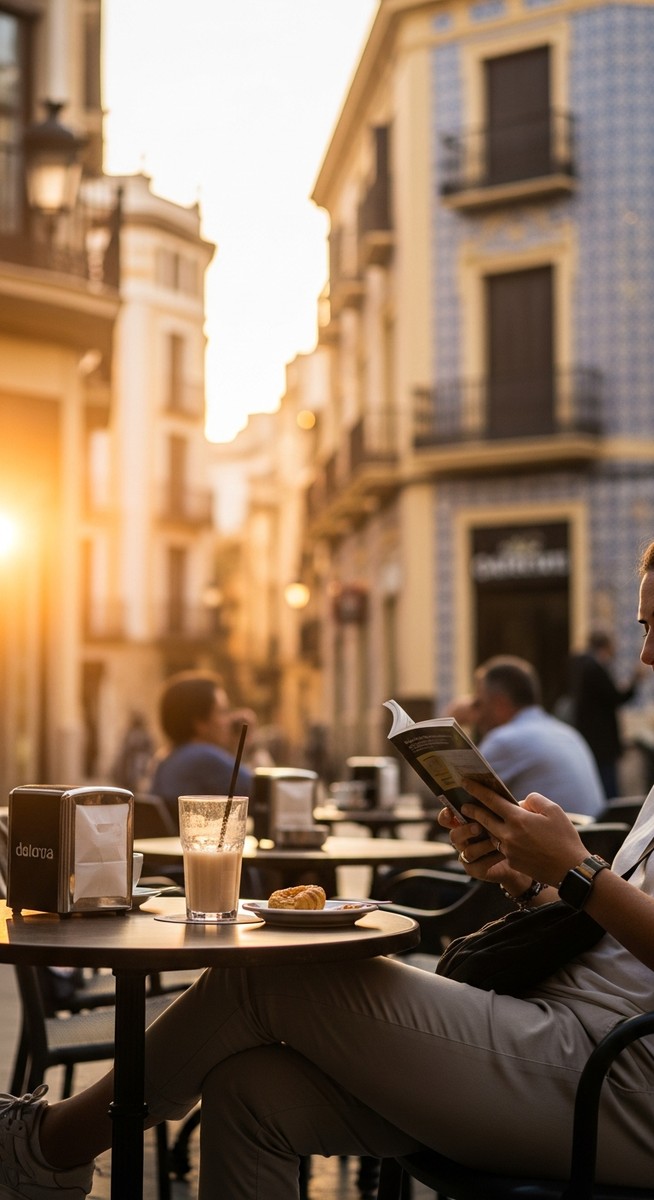 a person at an outdoor cafe in Valencia with a guidebook
