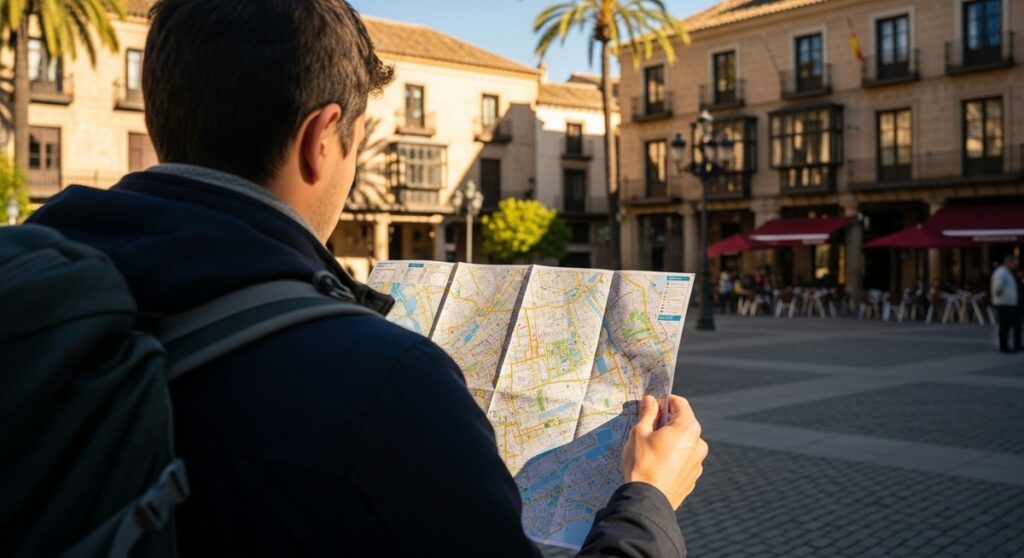 a traveller looking at a map in a sunny Spanish plaza in Valencia