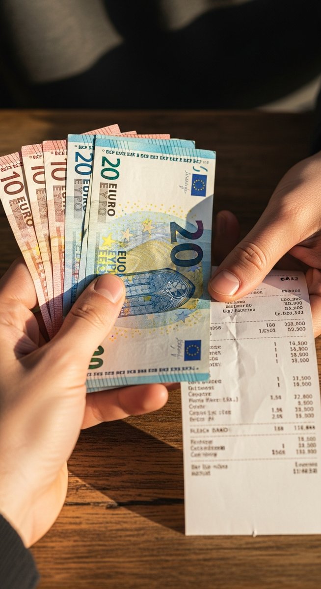 hands holding euro notes next to a cafe receipt in Valencia