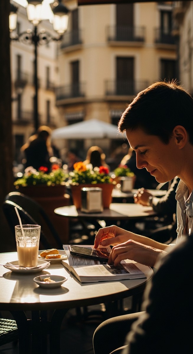 a person at an outdoor cafe in Valencia with a guidebook