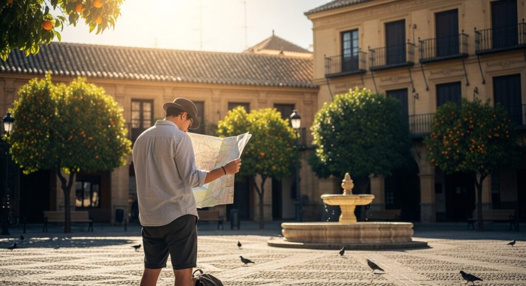 a traveller looking at a map in a sunny Spanish plaza in Valencia