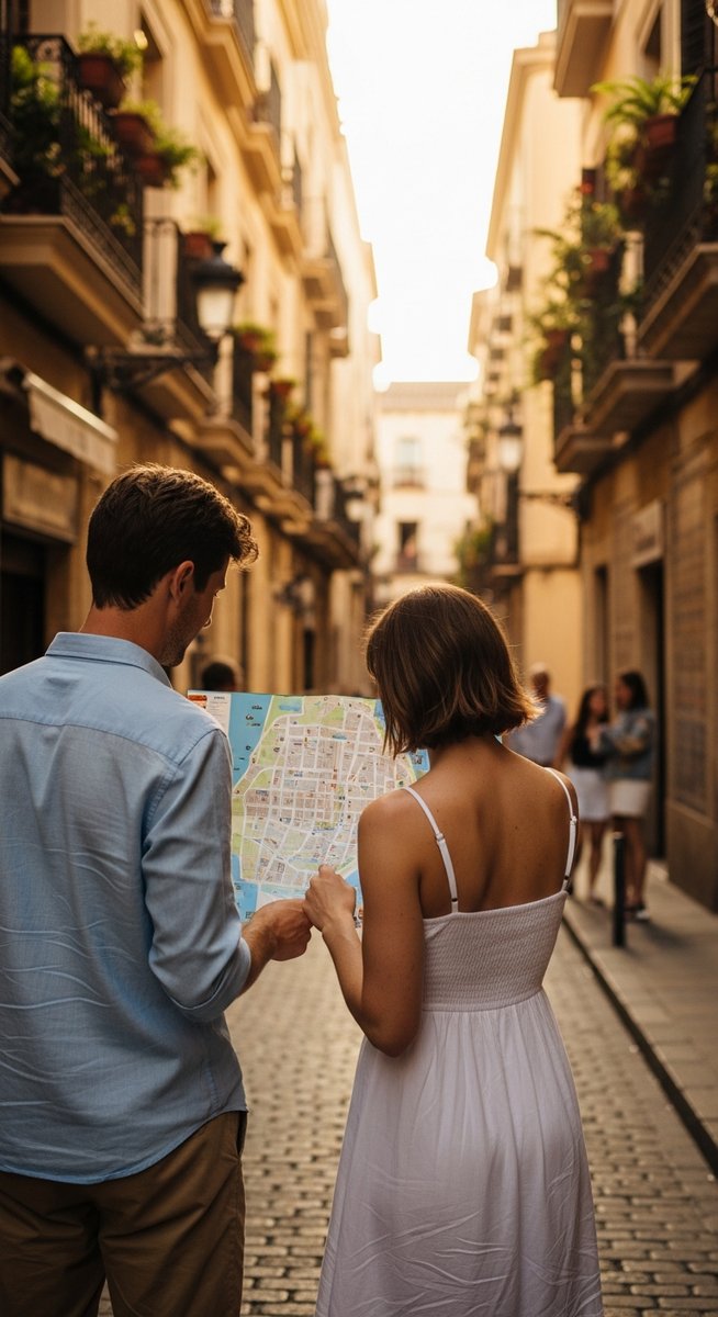 a couple looking at a map together in Valencia