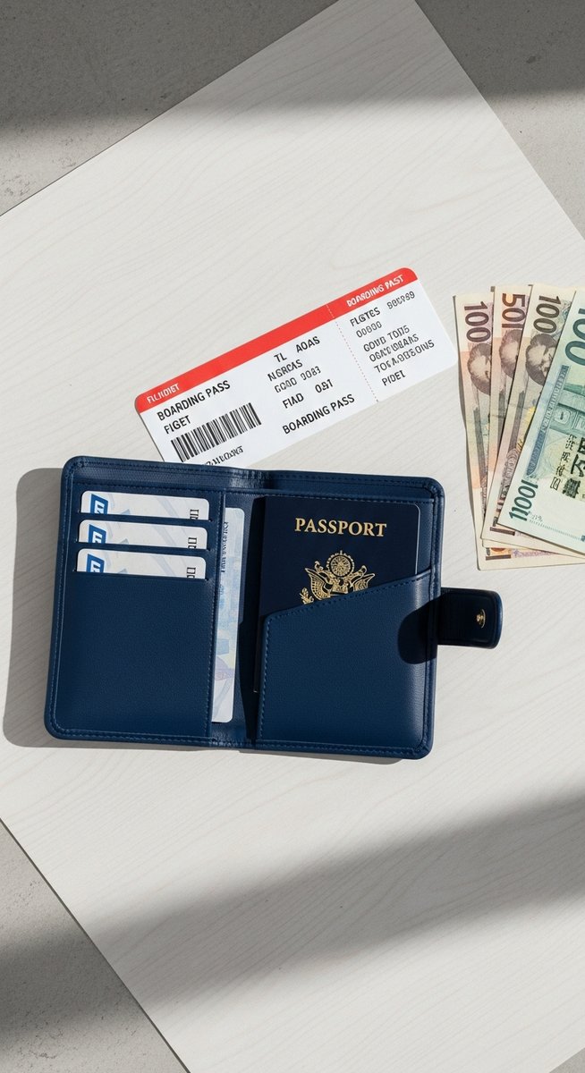a travel wallet, passport and boarding pass flatlay