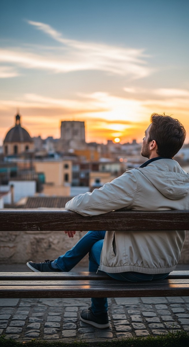 a traveller sitting on a bench in Valencia