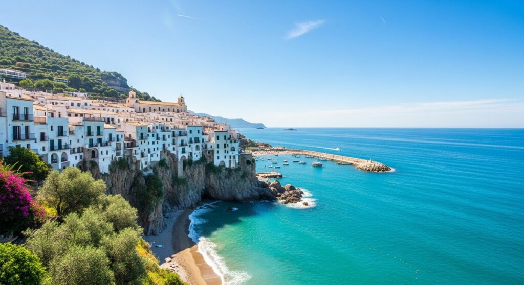 a scenic Spanish coastal town with white buildings and turquoise sea on an island day trip from Barcelona