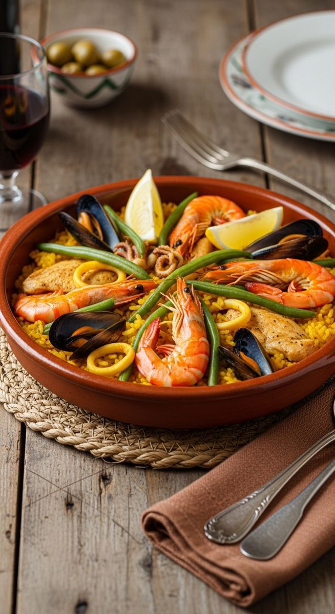 a bowl of paella valenciana in a terracotta dish