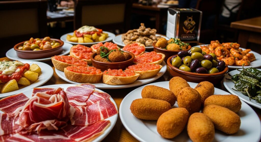 a spread of Spanish tapas on a restaurant table in Barcelona
