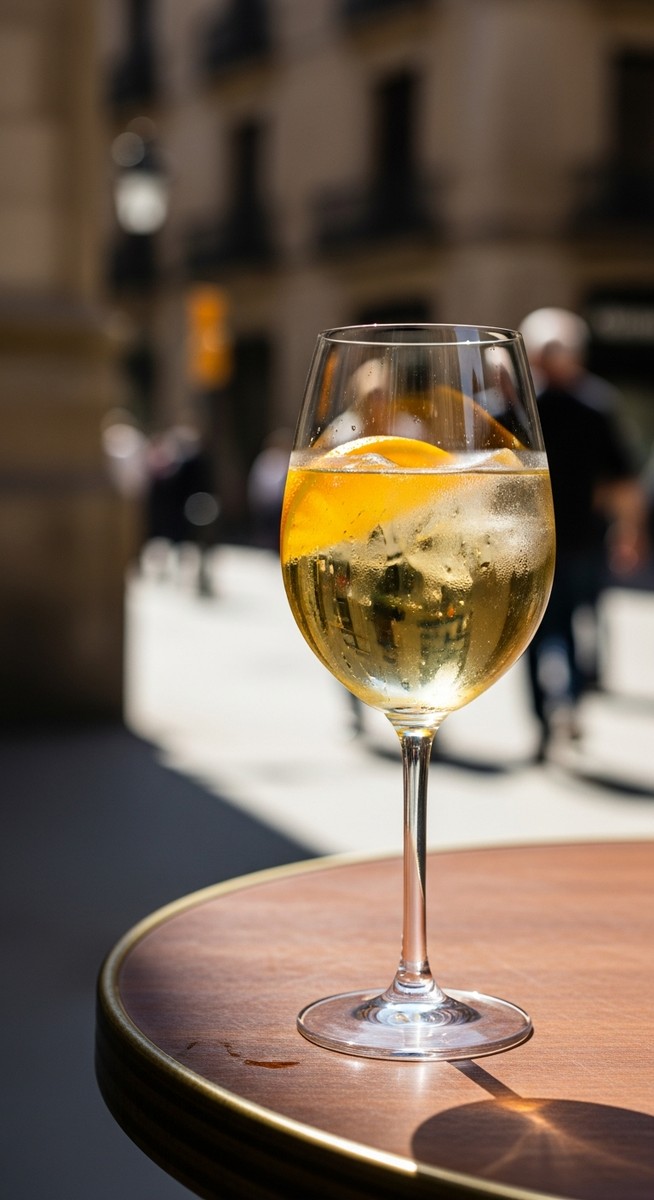 a glass of Spanish wine on a cafe table in Barcelona