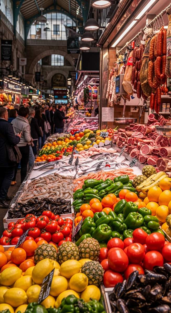 a Barcelona food market with colourful stalls