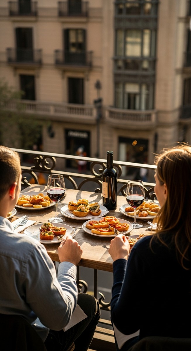 two friends at a restaurant terrace in Barcelona with food and wine