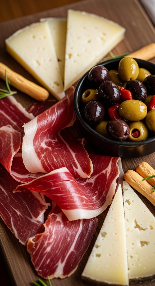 Spanish charcuterie on a wooden board in Barcelona