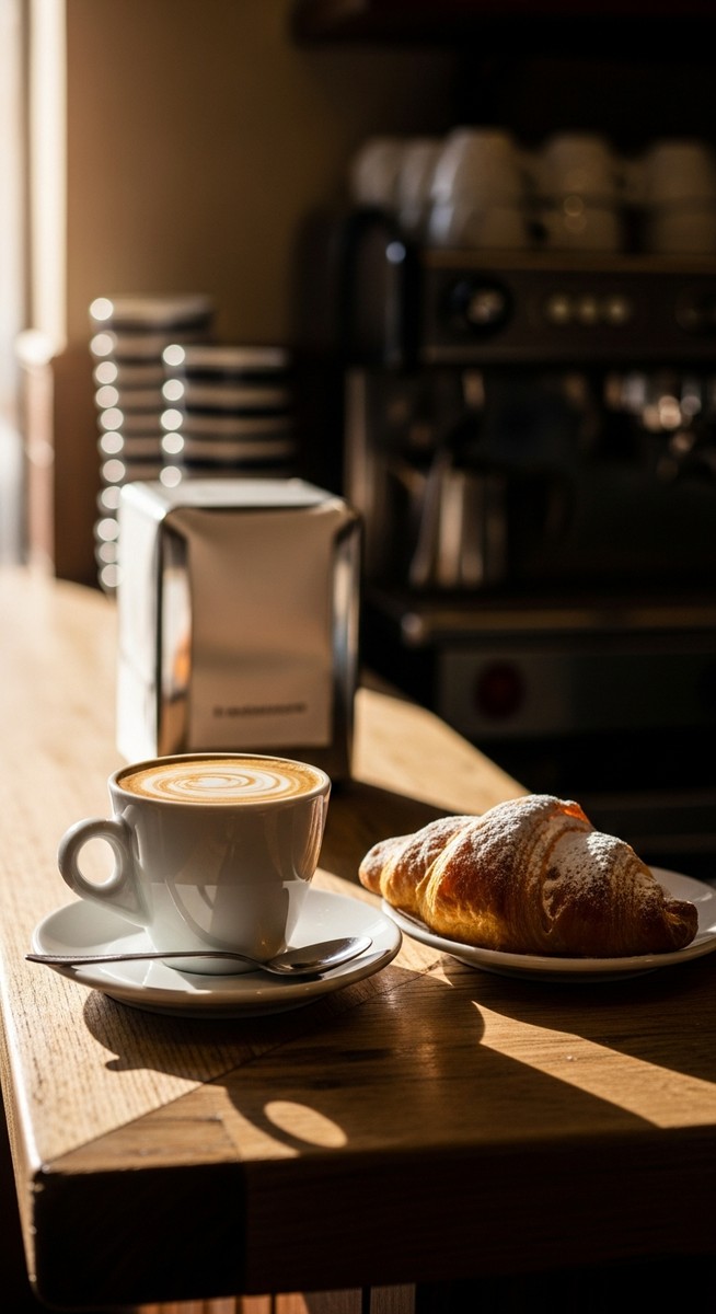a cafe con leche and pastry on a Spanish cafe counter