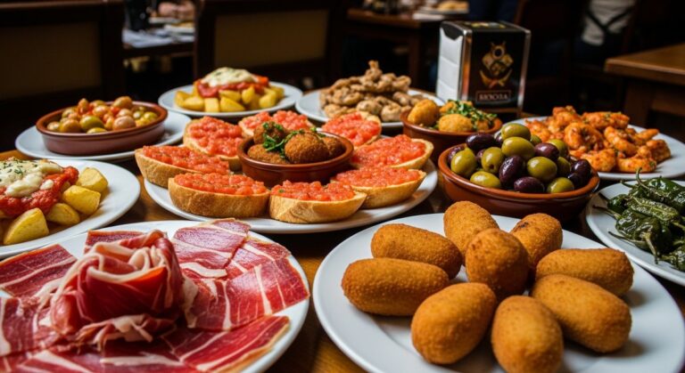 a spread of Spanish tapas on a restaurant table in Barcelona