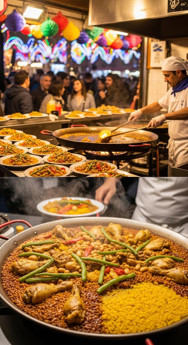 a photo illustrating paella valenciana in Spain during Las Fallas