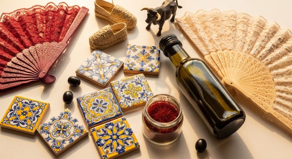 a flatlay of Spanish travel gifts and souvenirs while shopping