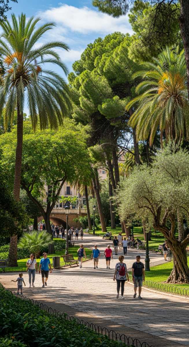 a Valencia park with lush trees and people walking