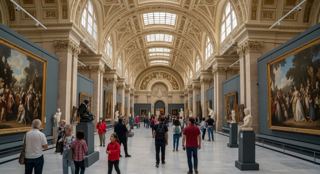 a grand museum interior in Valencia with visitors