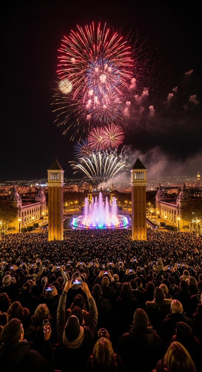 a photo illustrating 1. plaça espanya in Barcelona on New Year's Eve