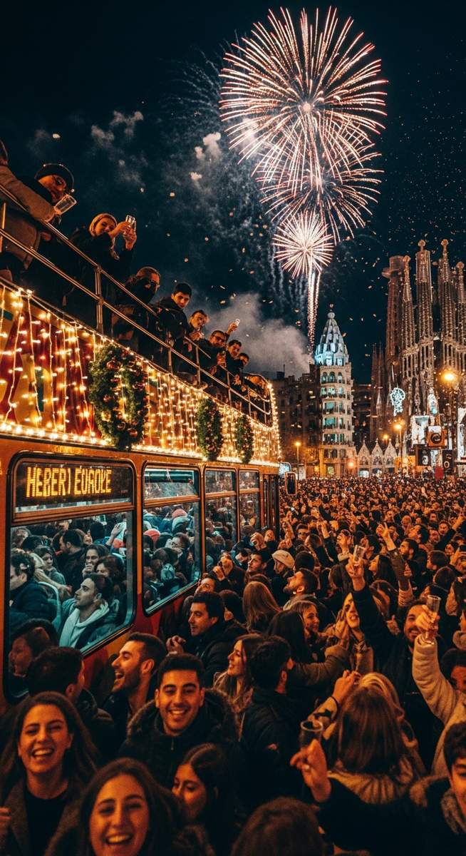 a photo illustrating bus in Barcelona on New Year's Eve