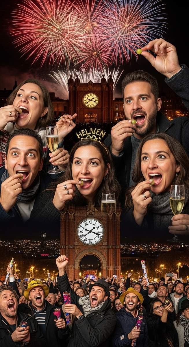 a photo illustrating 1. eat 12 grapes as the clock strikes 12 times at midnight in Barcelona