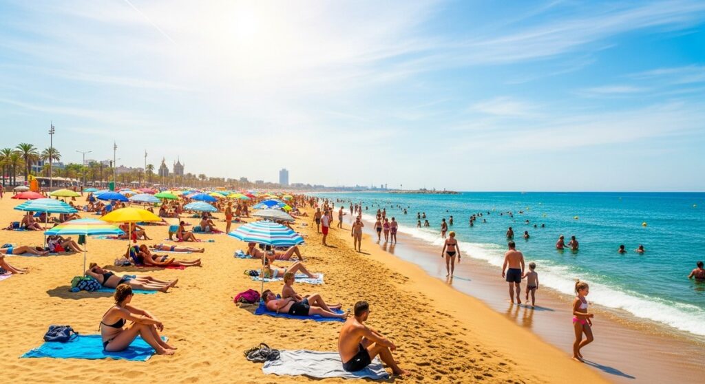 a Barcelona beach on a sunny summer day at the beaches