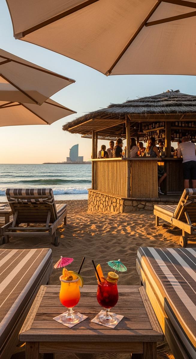 a beach bar on the Barcelona coast with sun loungers at the beaches